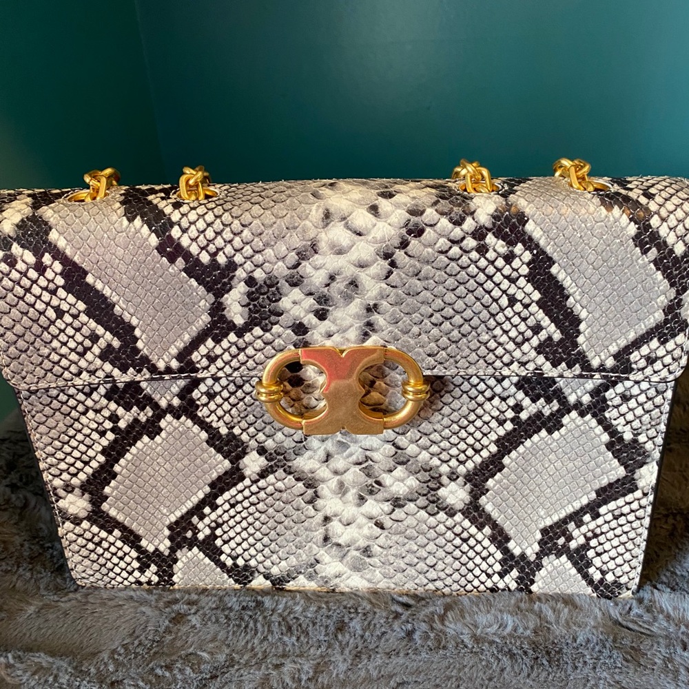 Tory Burch Gemini Gray Snakeskin Embossed Bag